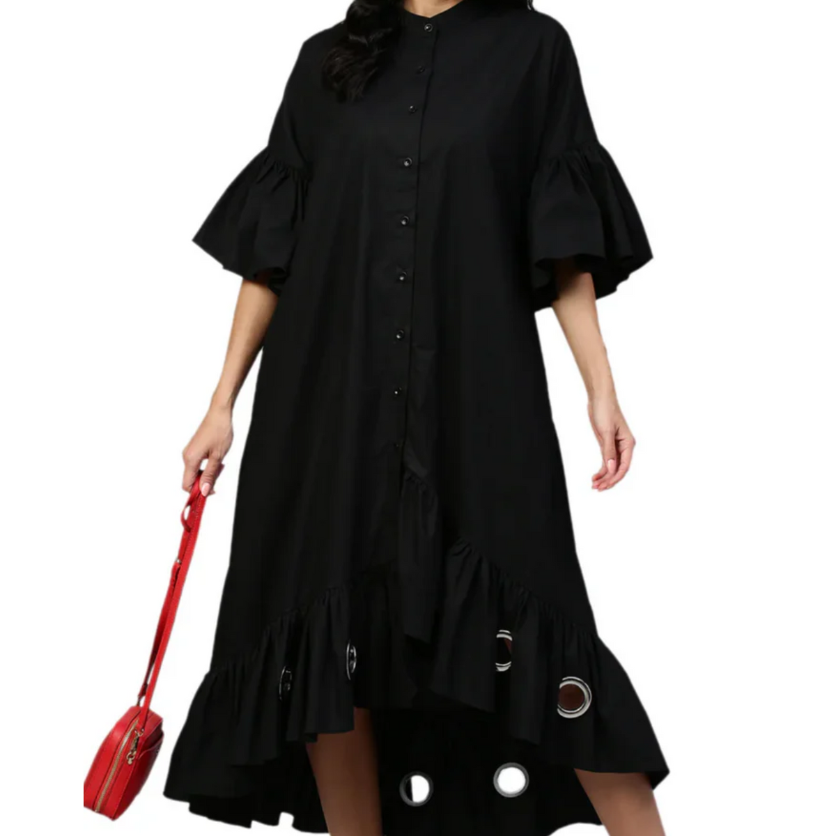Black flare dress features bell sleeves, long & short hem and eyelet