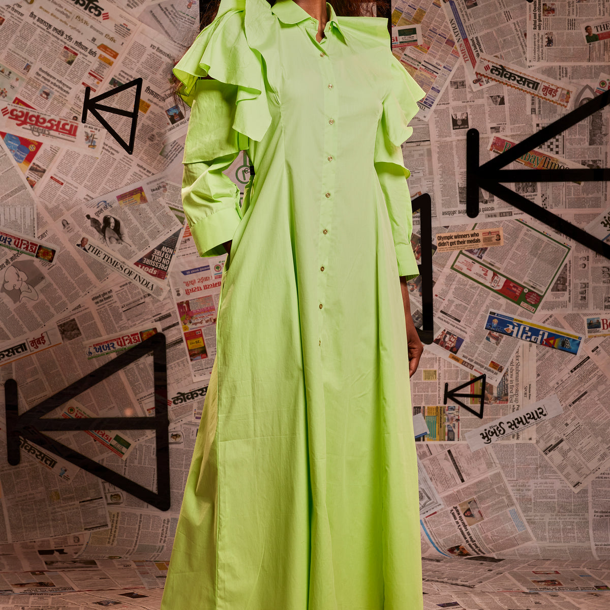Lemon green zara long shirt dress with layered open sleeve feature