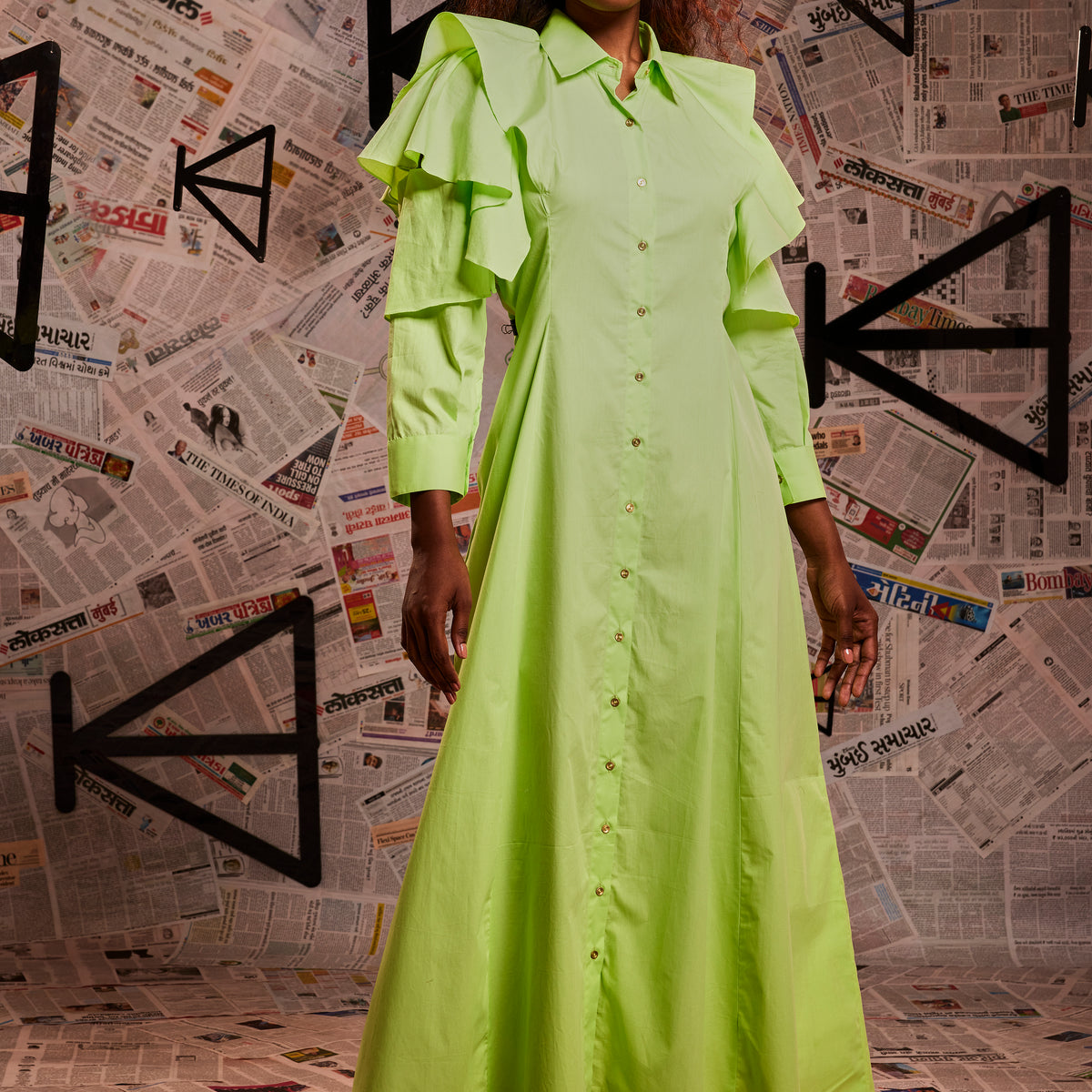 Lemon green zara long shirt dress with layered open sleeve feature – HTKD  Apparels Private Limited
