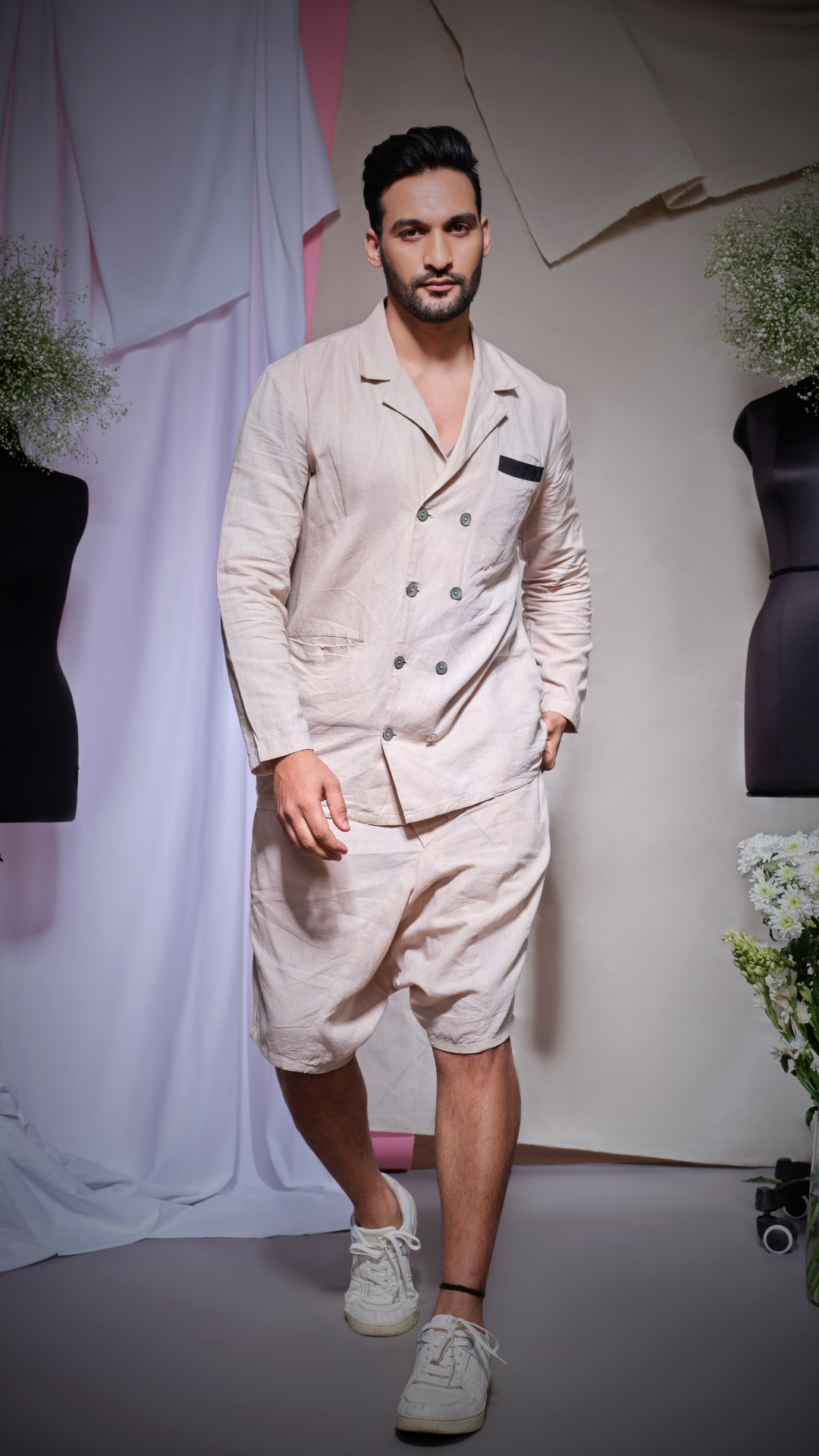 Ecru linen blazer shirt with cowl shorts