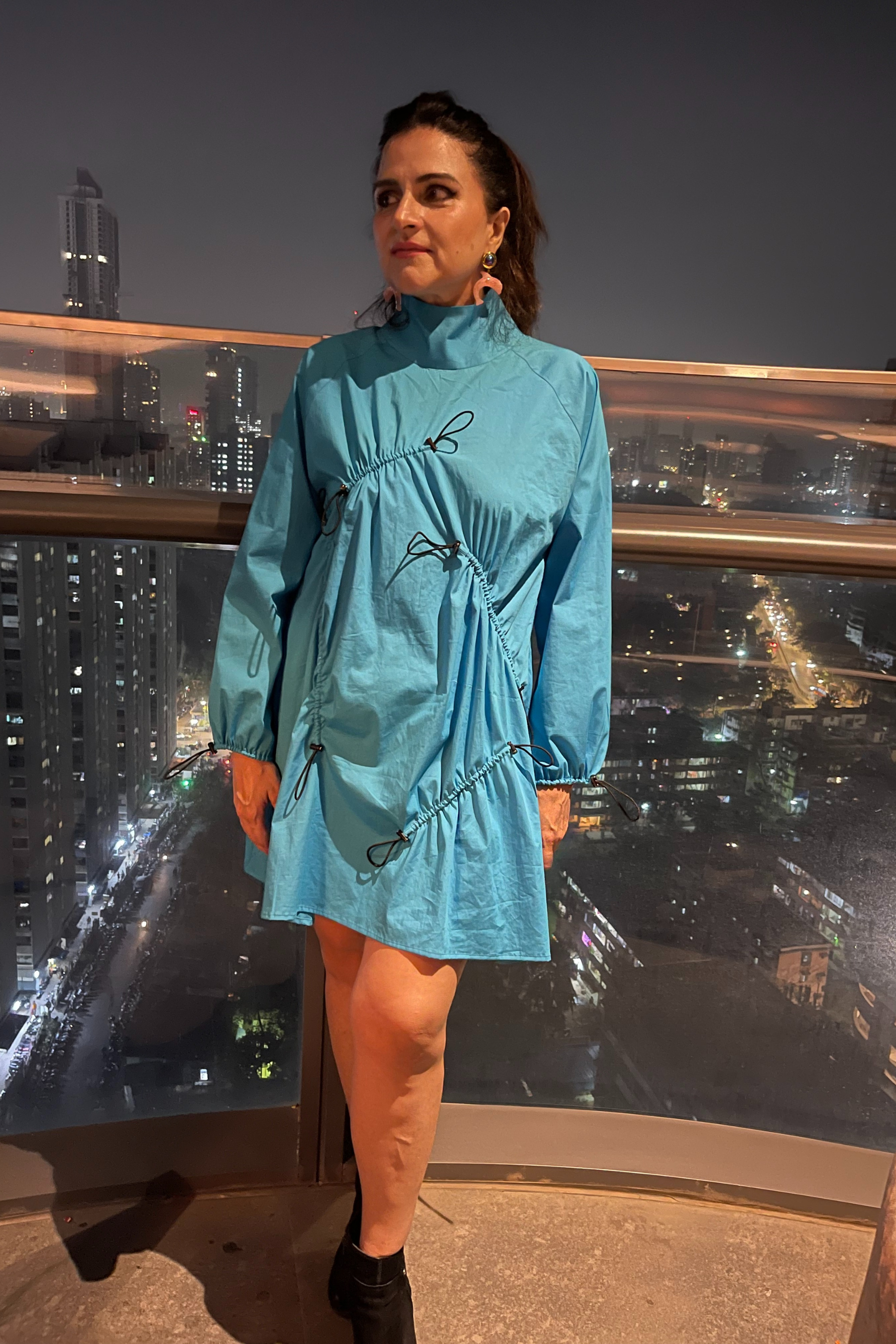 Blue Cotton High Neck Dress