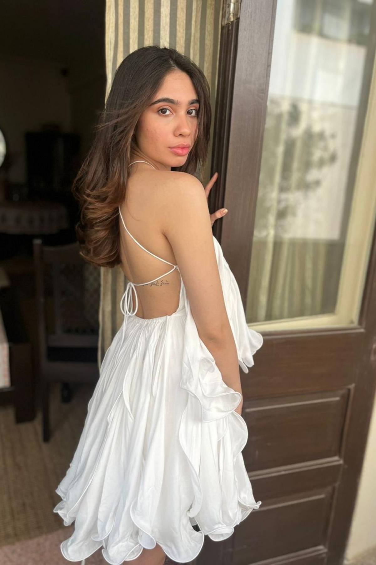 White Pearl Lycra Petal Backles Dress