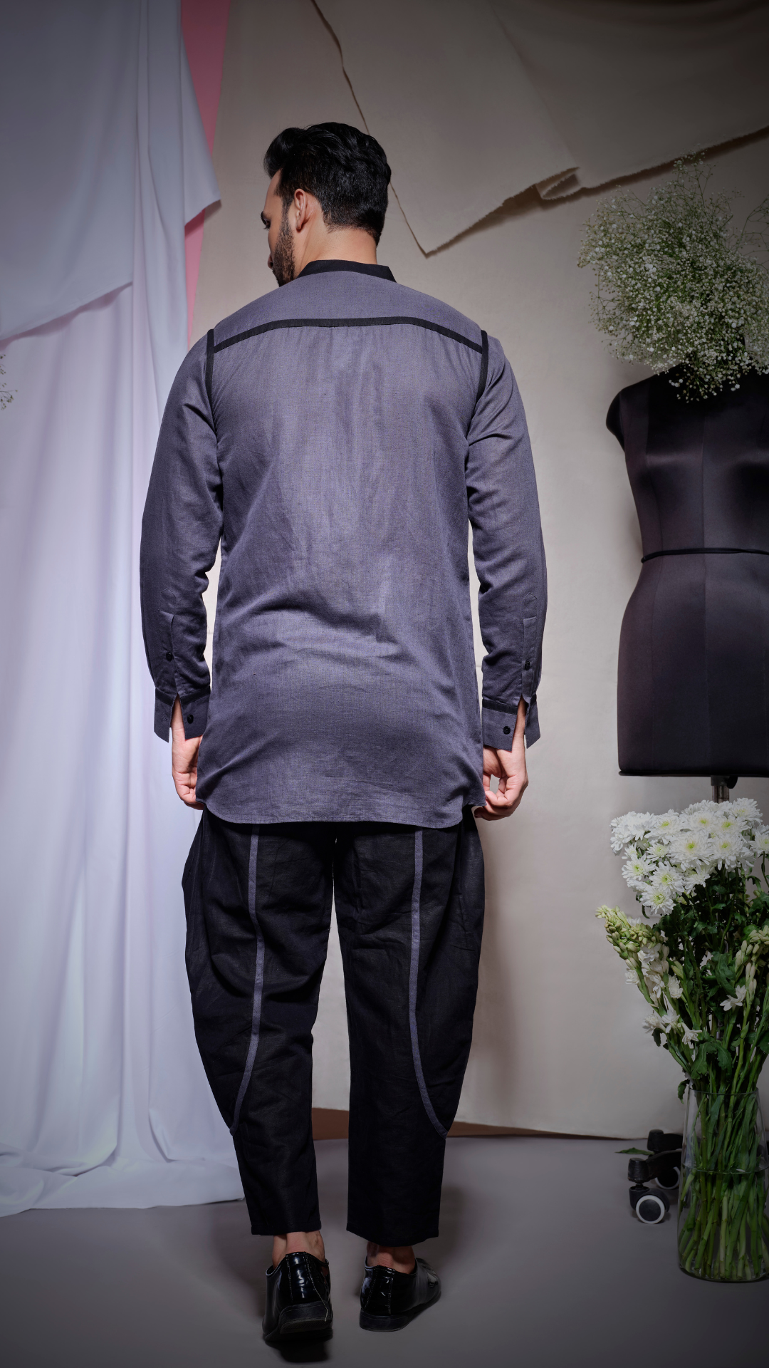 Grey linen shirt with black piping