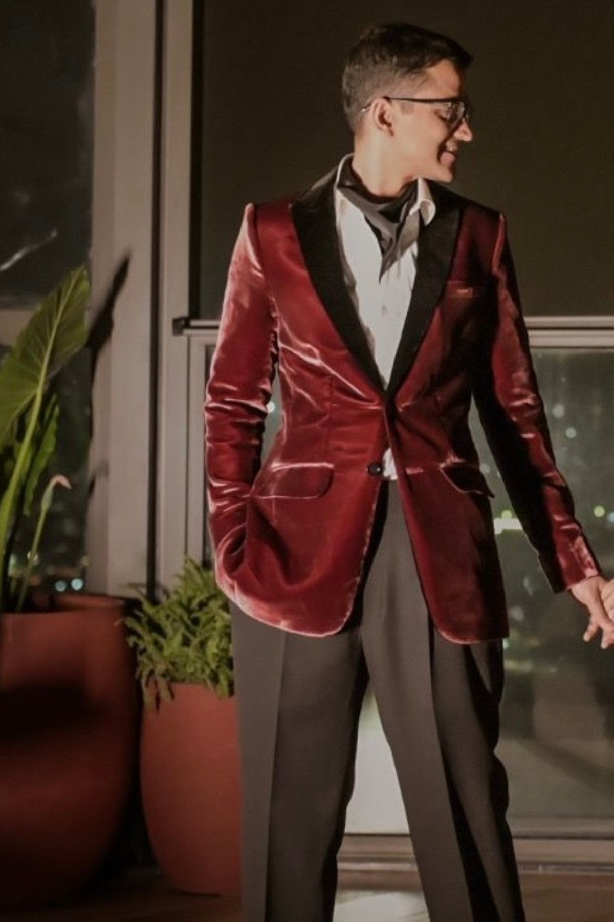 Maroon Velvet Blazer with White Pintucks Shirt and Black Scuba Pants