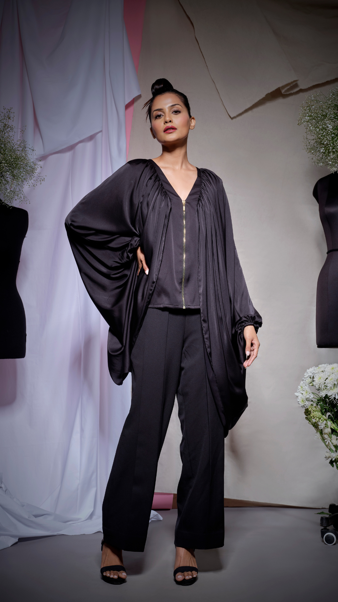 BLACK zara satin zipper top