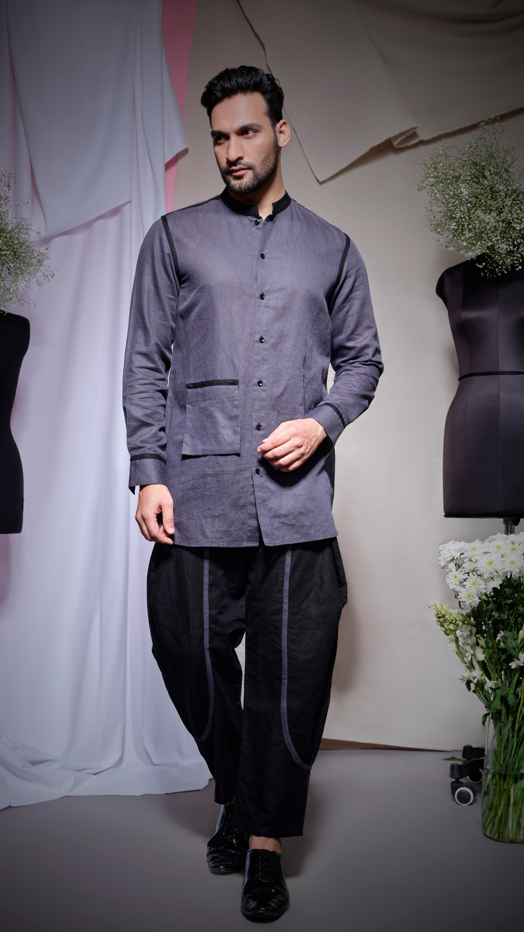 Grey linen shirt with black piping