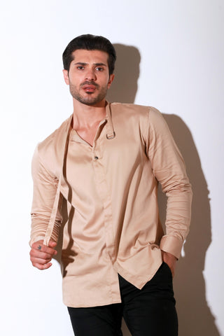 Beige full sleeve shirt with half flap feature.