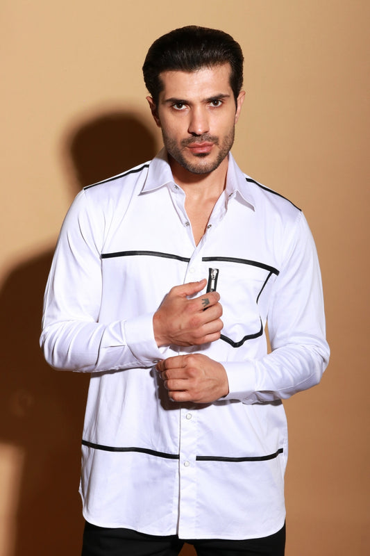 White classic shirt with contrast piping and pocket zipper detail.