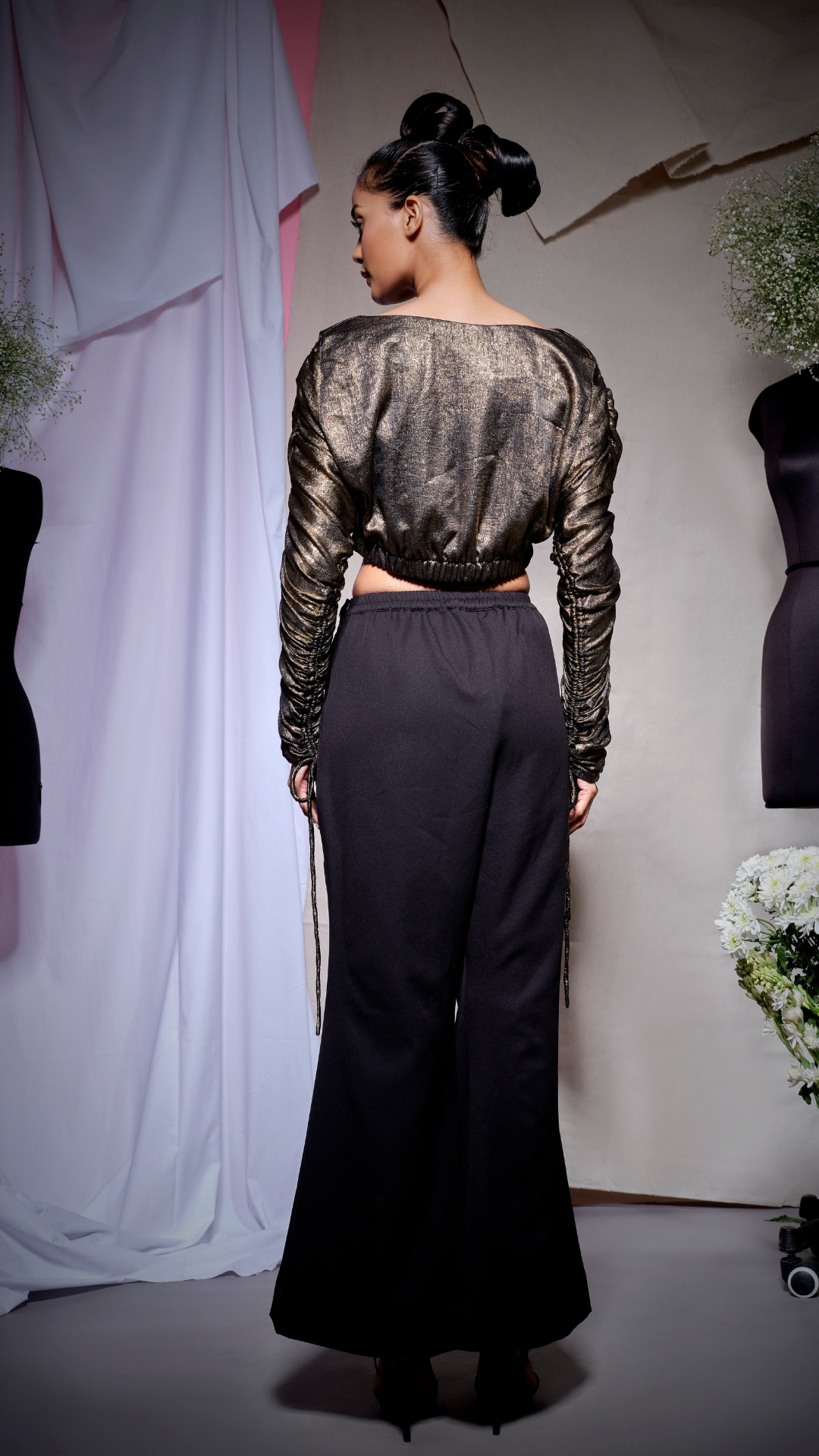 Gold black origami crop top