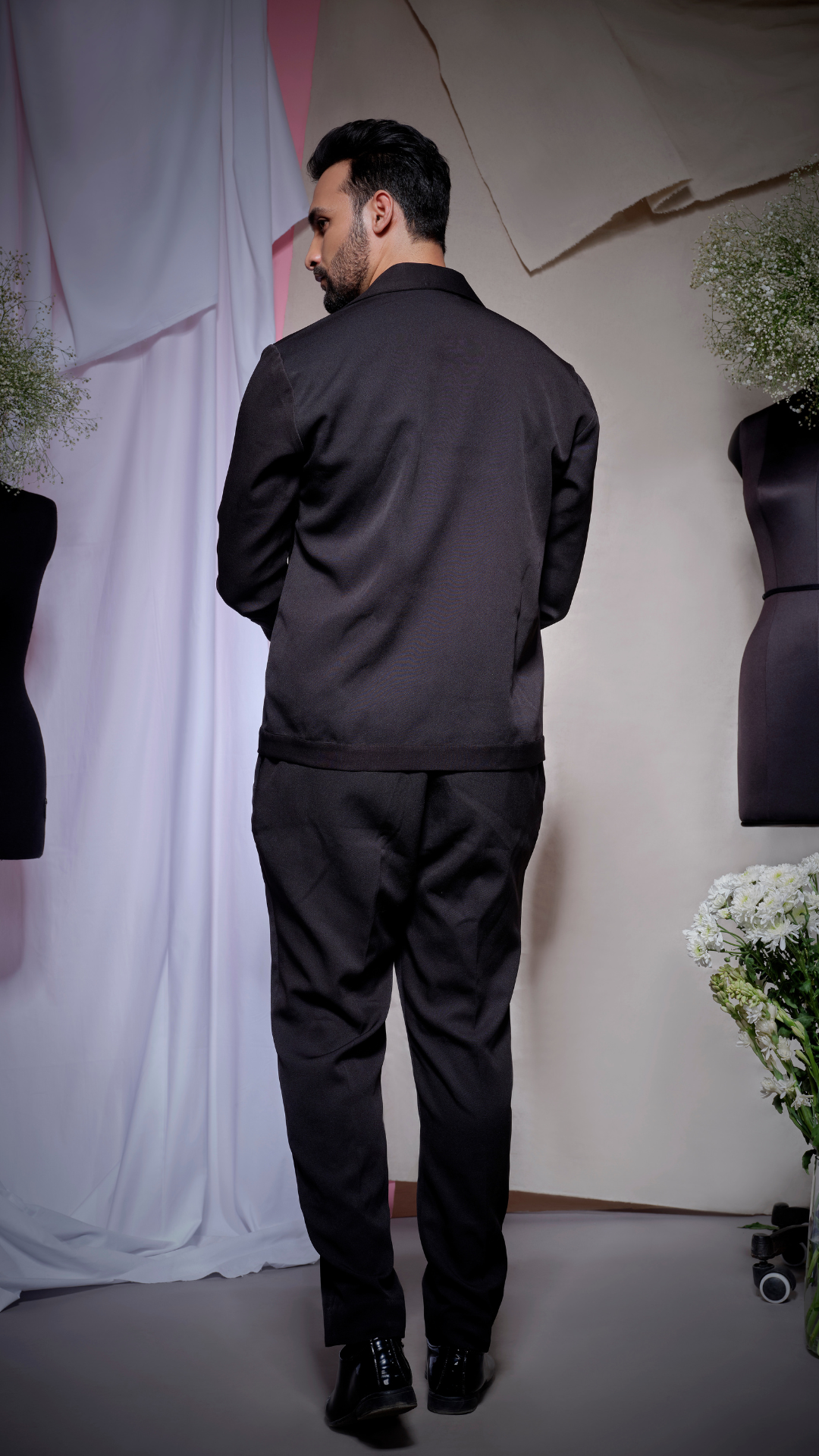 Black scuba open neck jacket with narrow pants