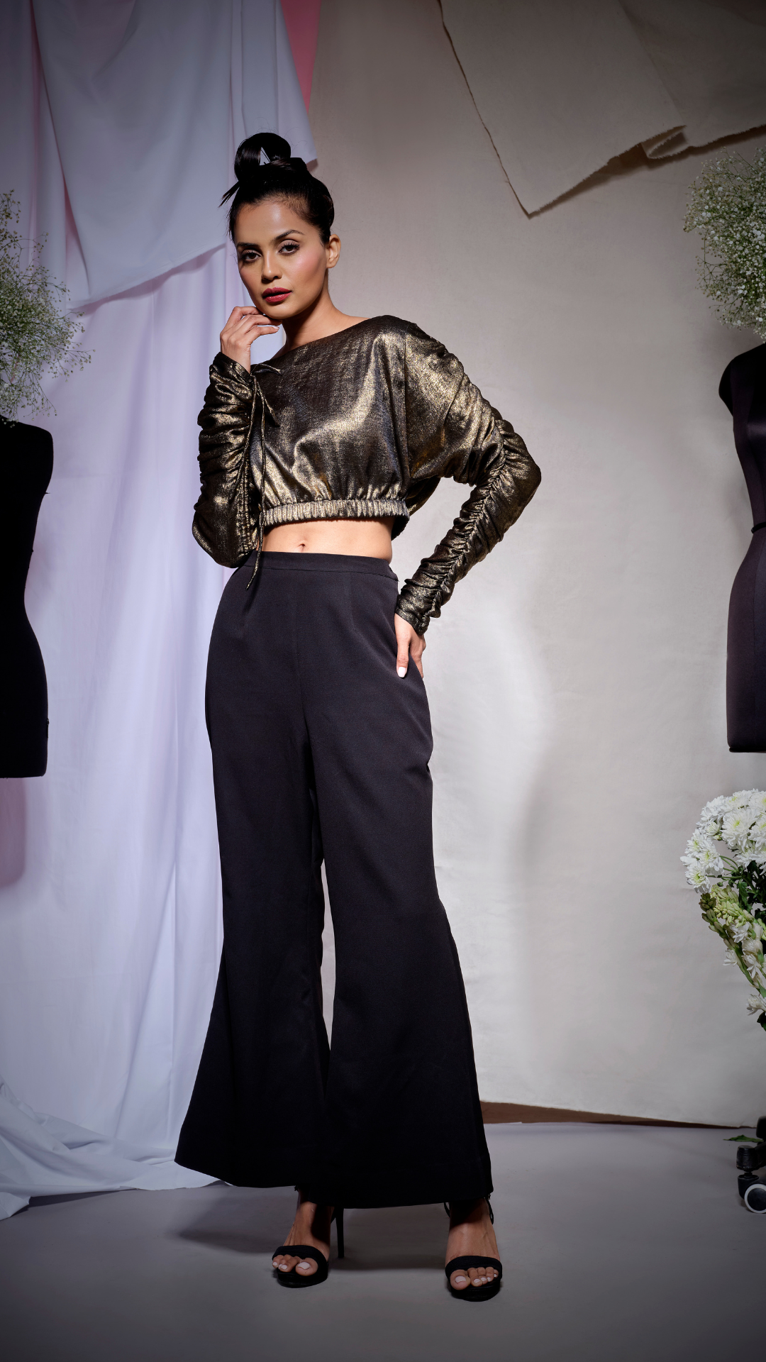 Gold black origami crop top