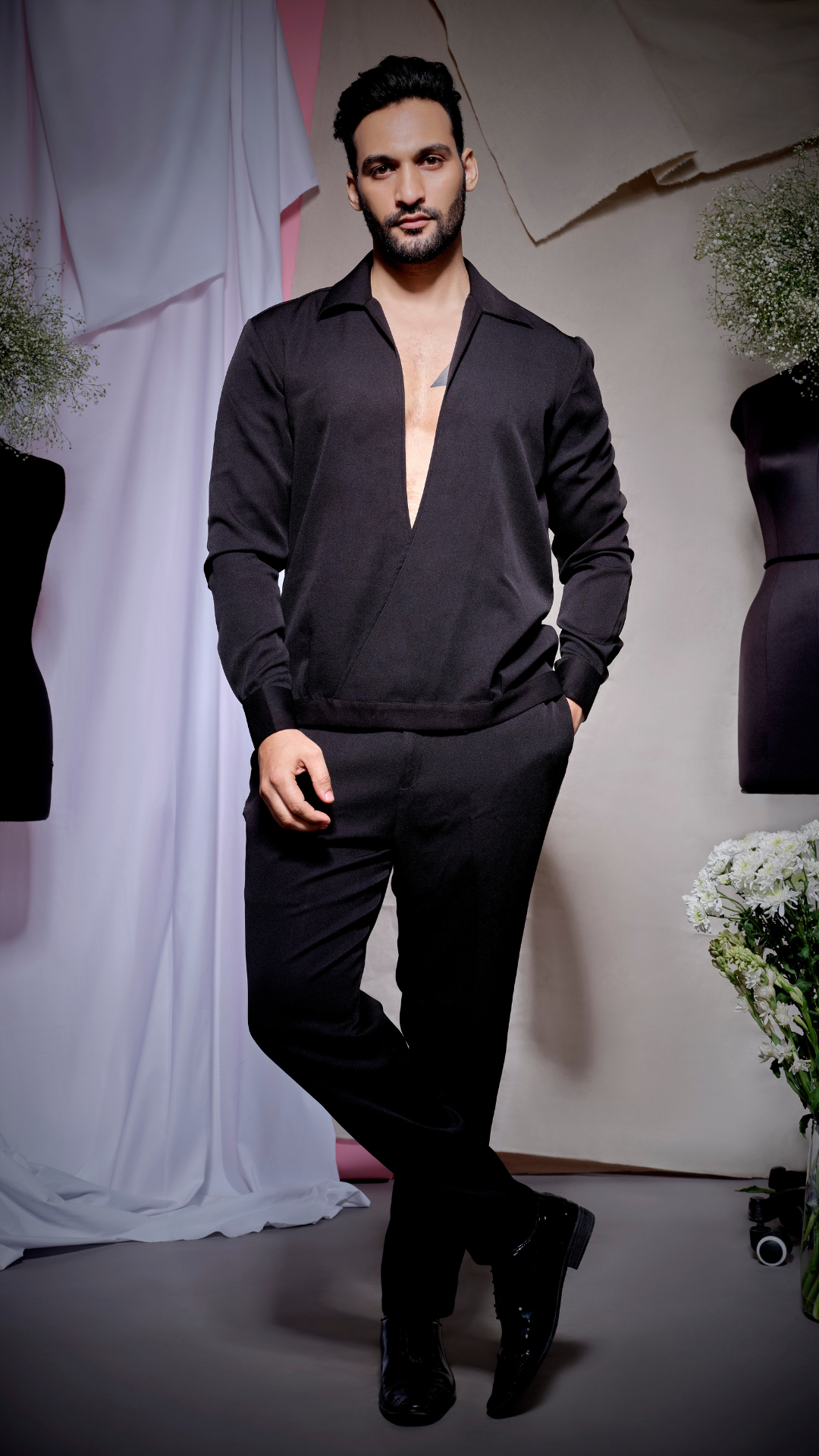 Black scuba open neck jacket with narrow pants