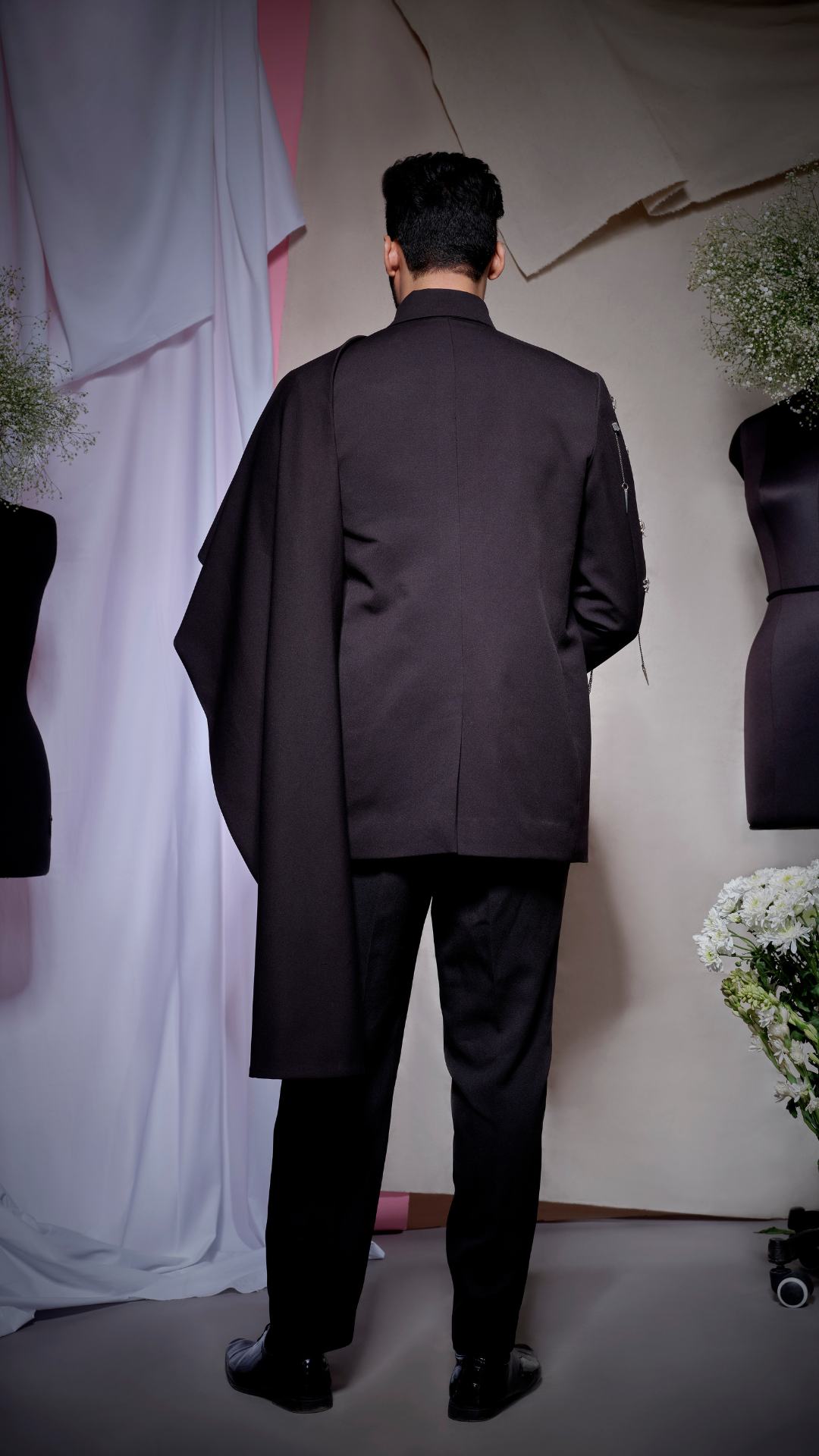 Black scuba pallu drape blazer