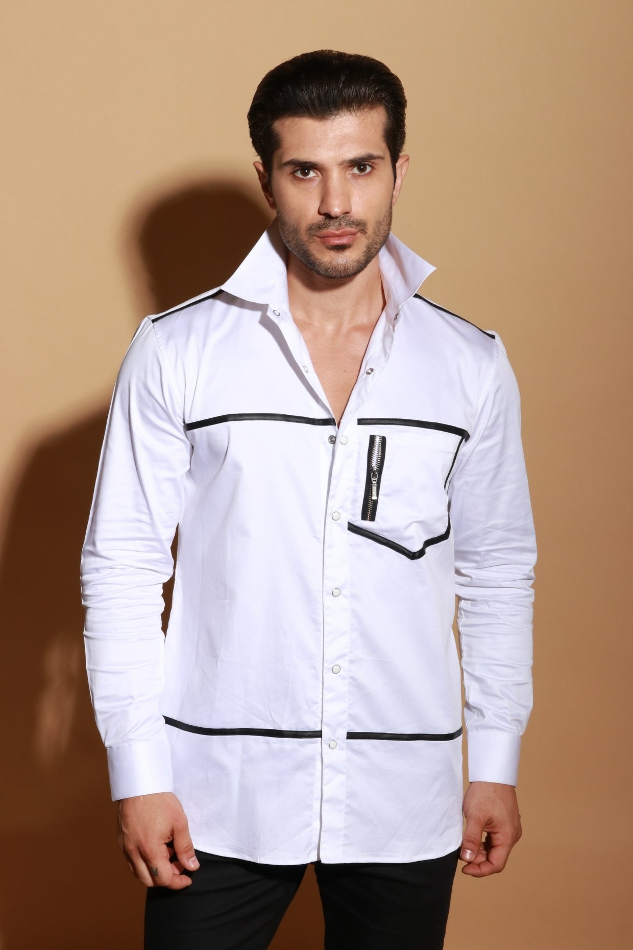 White classic shirt with contrast piping and pocket zipper detail.