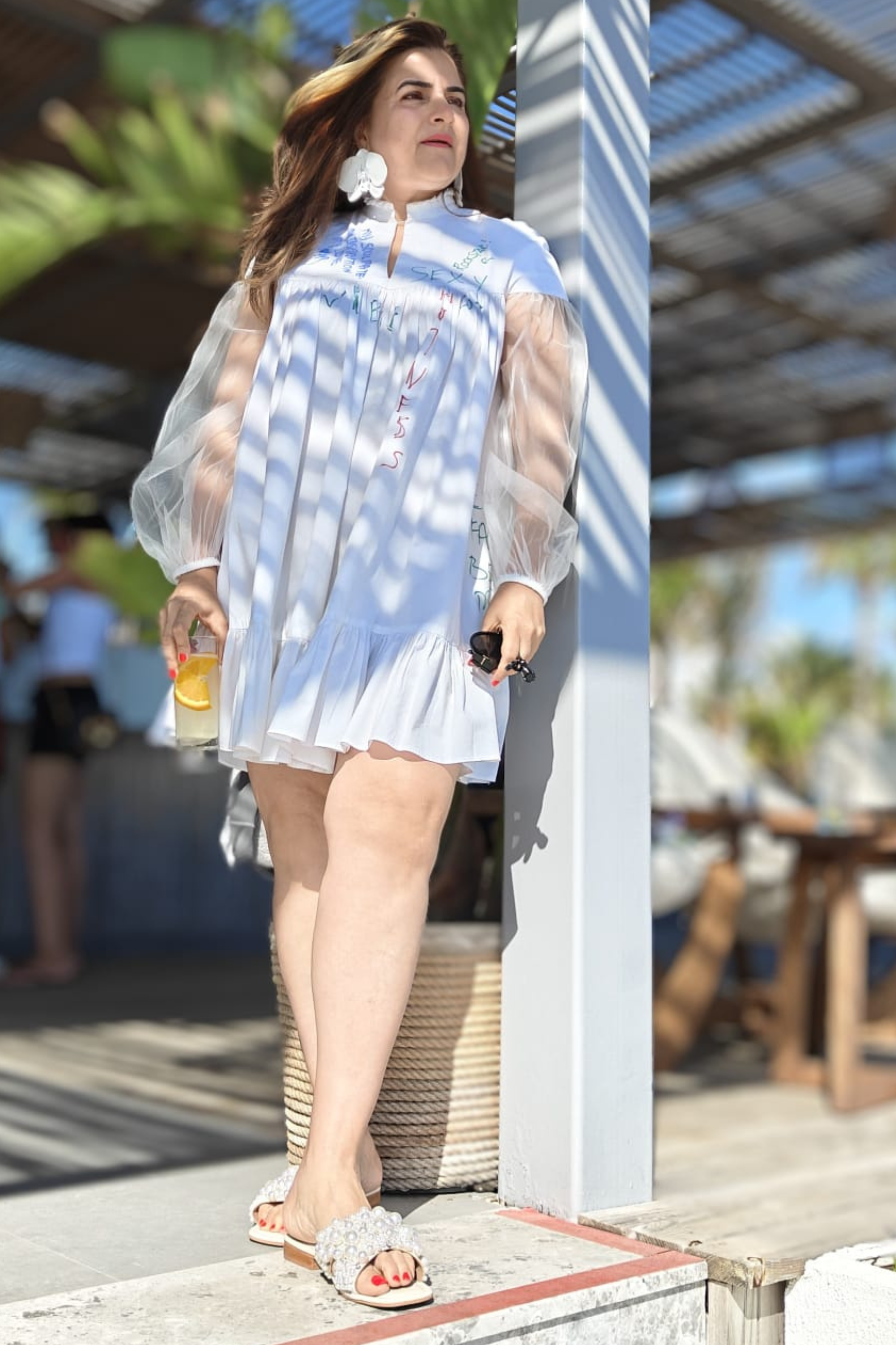 White Cotton Dress with Net Sleeves