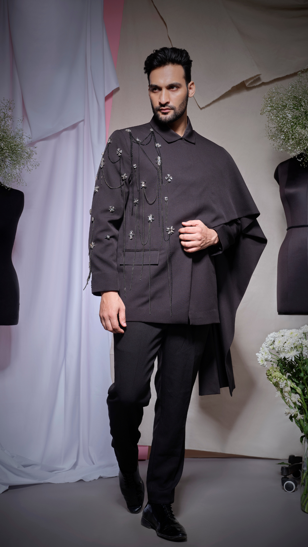 Black scuba pallu drape blazer