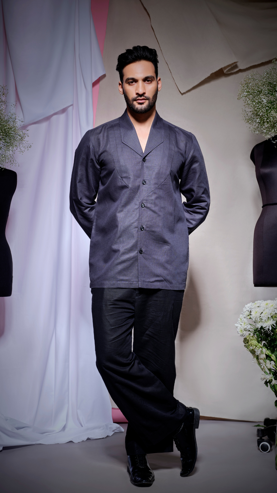 charcoal grey linen uneven cone shaped pleated yolk on both sides of the placket with sailor collar