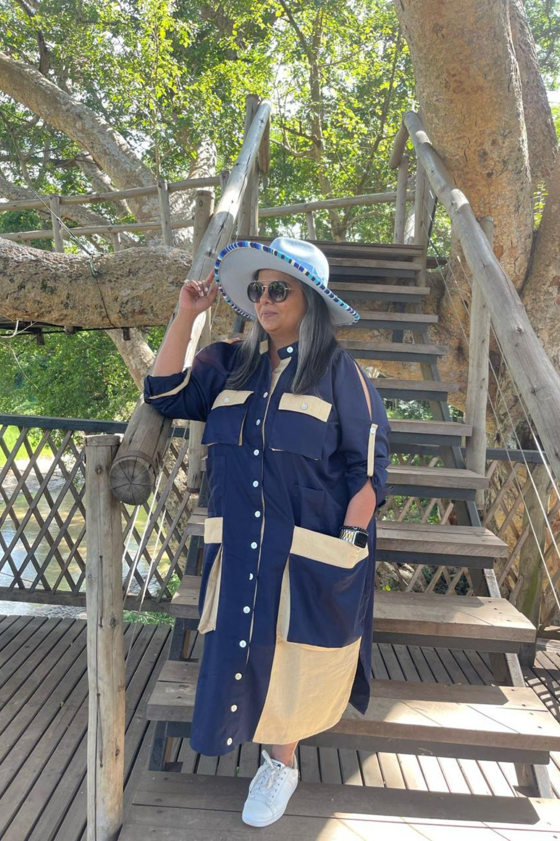 Blue Cotton Long Shirt Dress