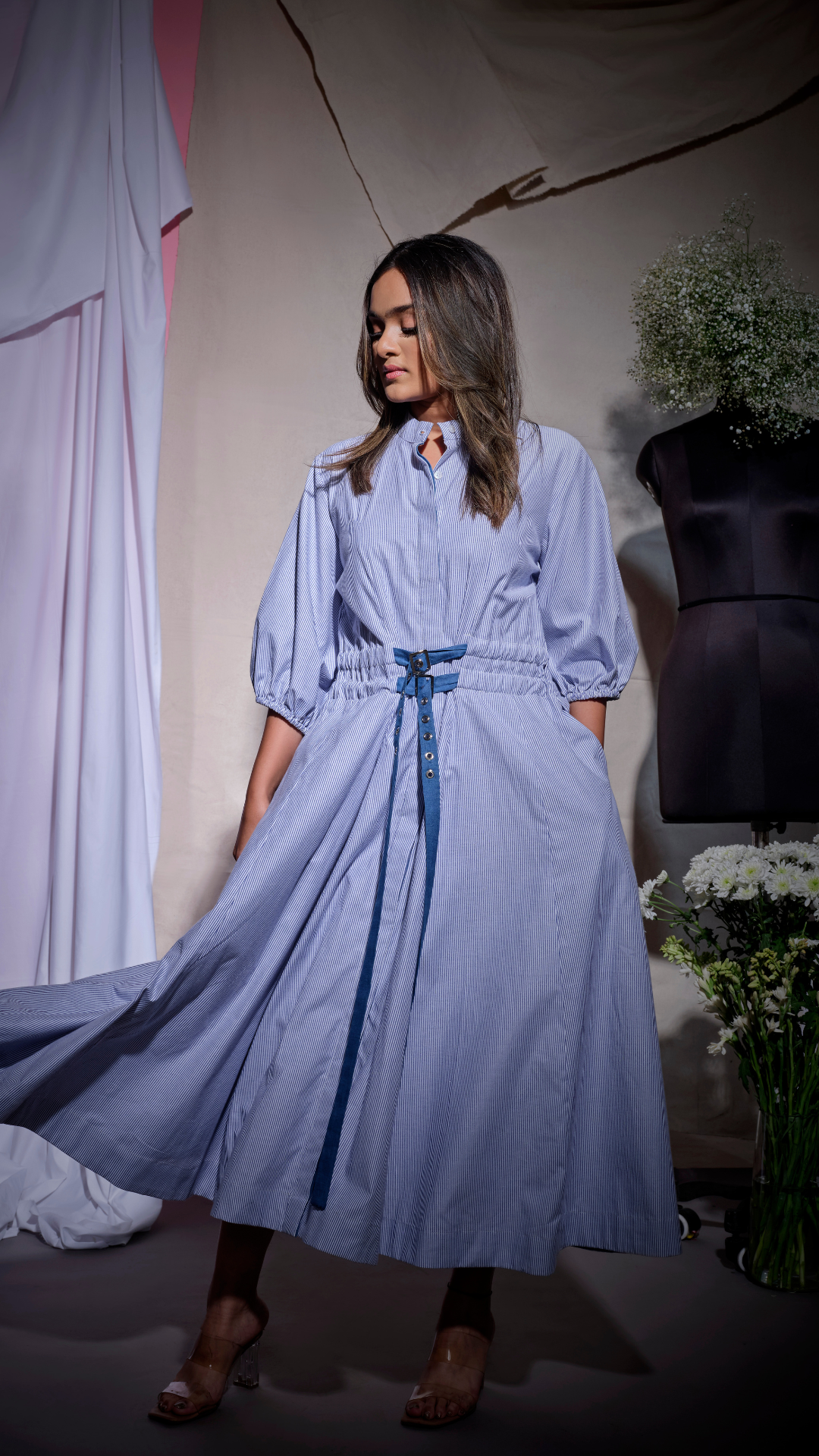 Stripes and denim facings chinese collar long shirt dress