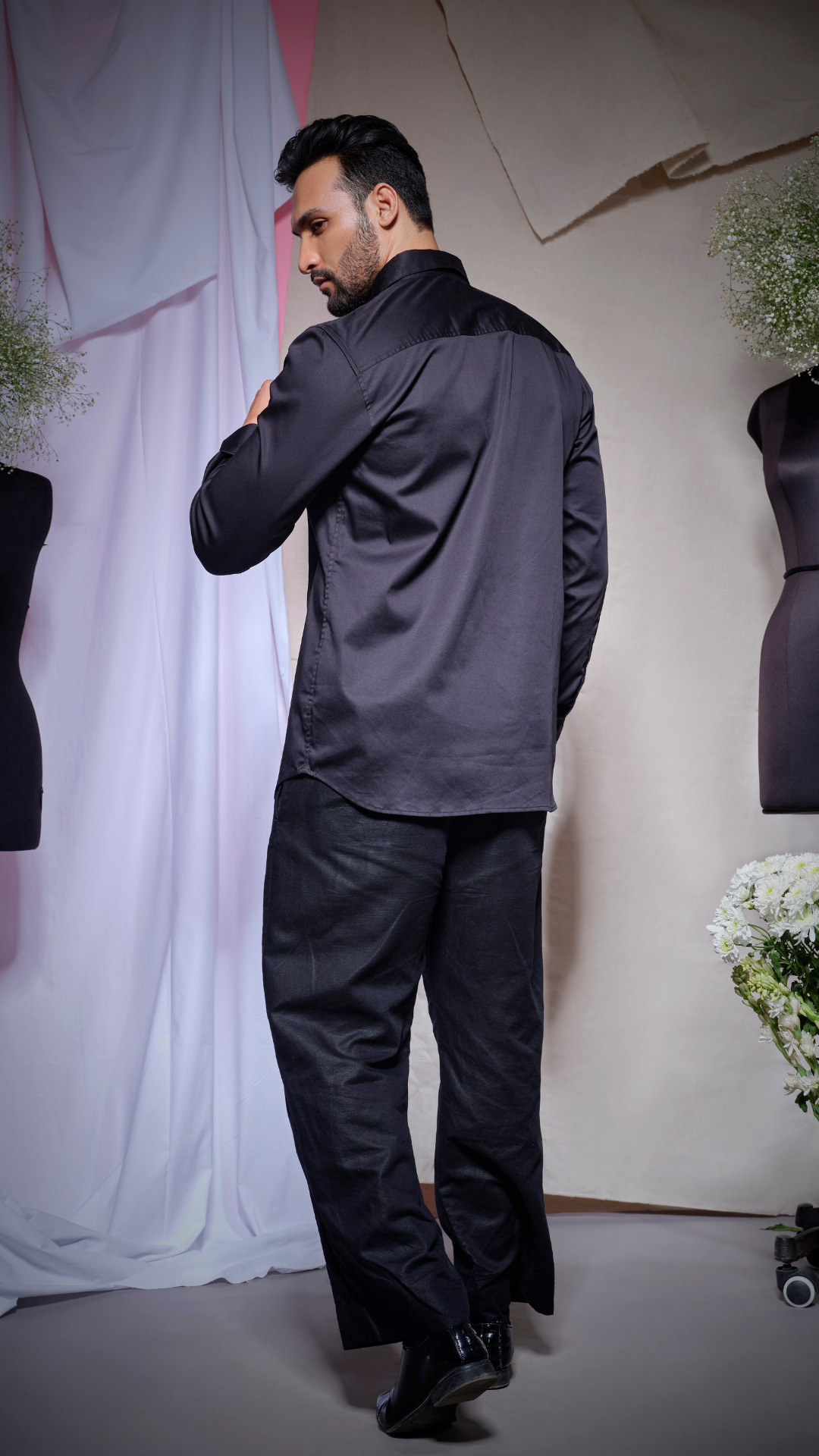 Black pearl lycra with open tie in leather