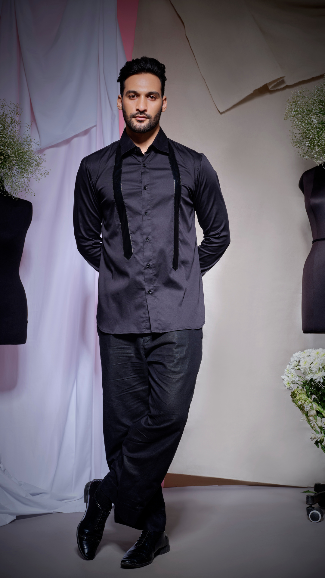 Black pearl lycra with open tie in leather