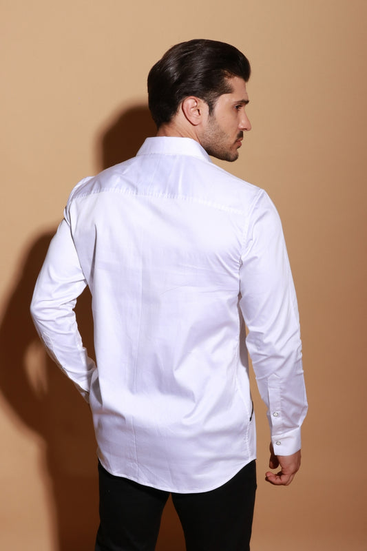 White classic shirt with contrast piping and pocket zipper detail.