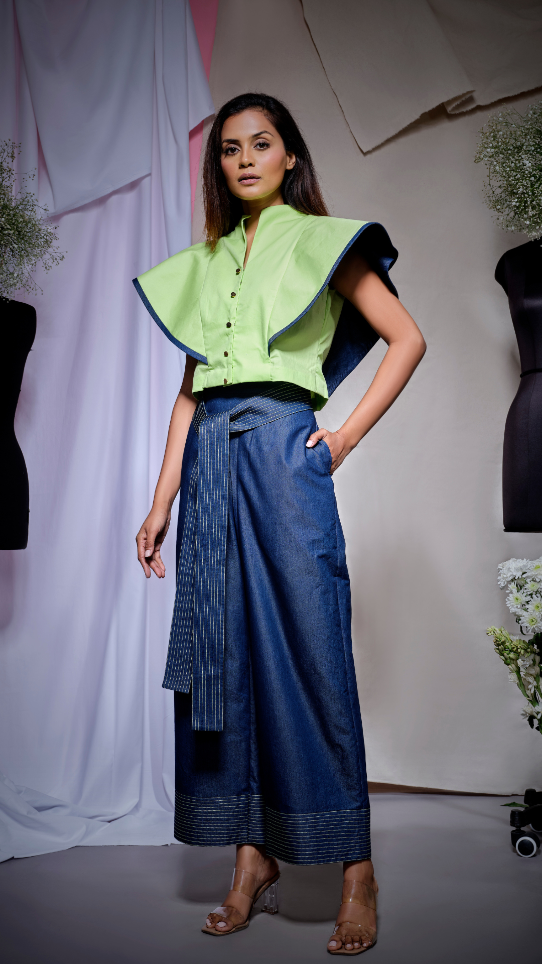 Lime green top with denim facing