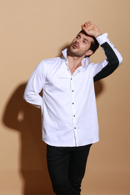 Classic white shirt with under sleeve contrast detailing with zipper accent.