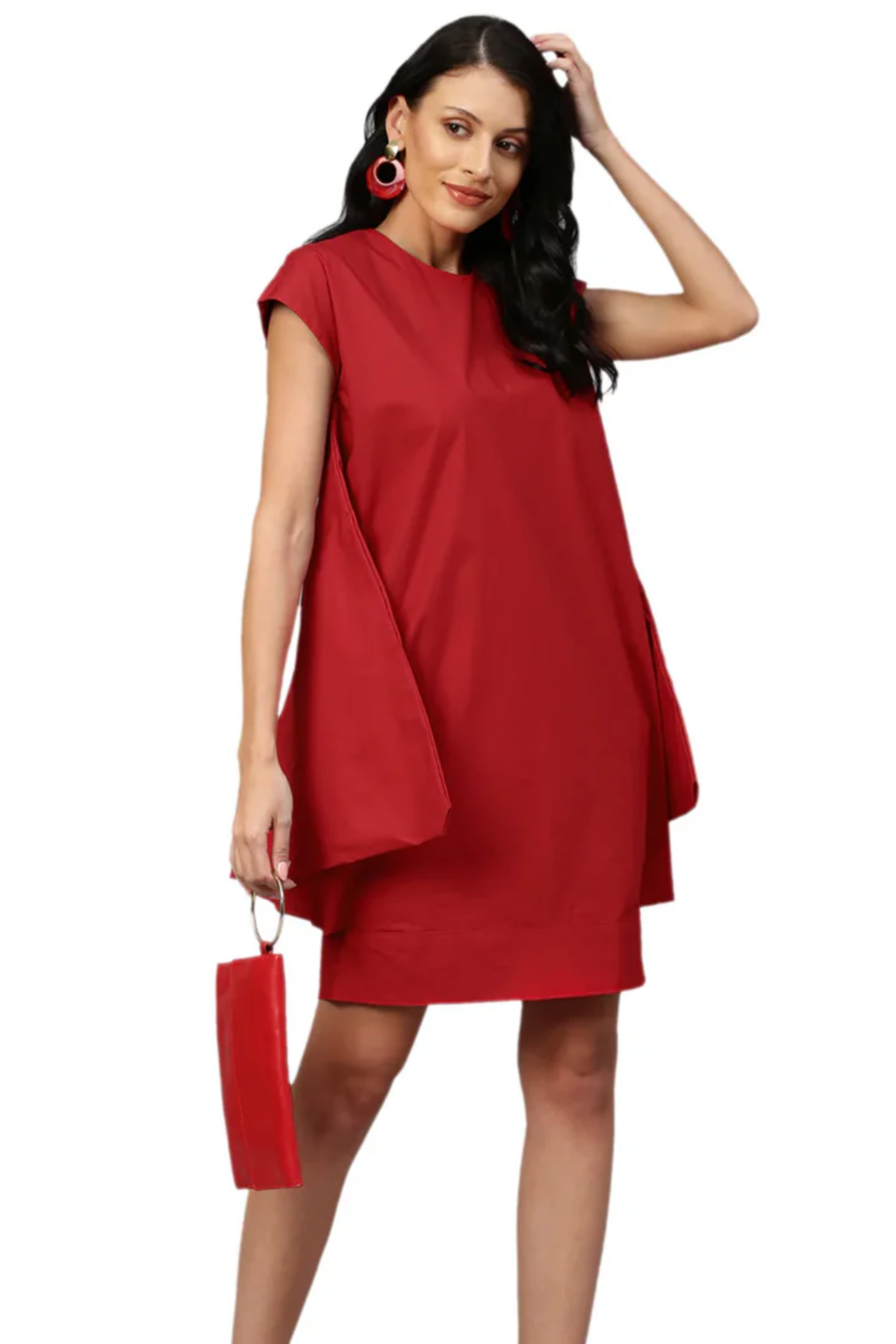 Red cap sleeves dress with assymetric flared feature.