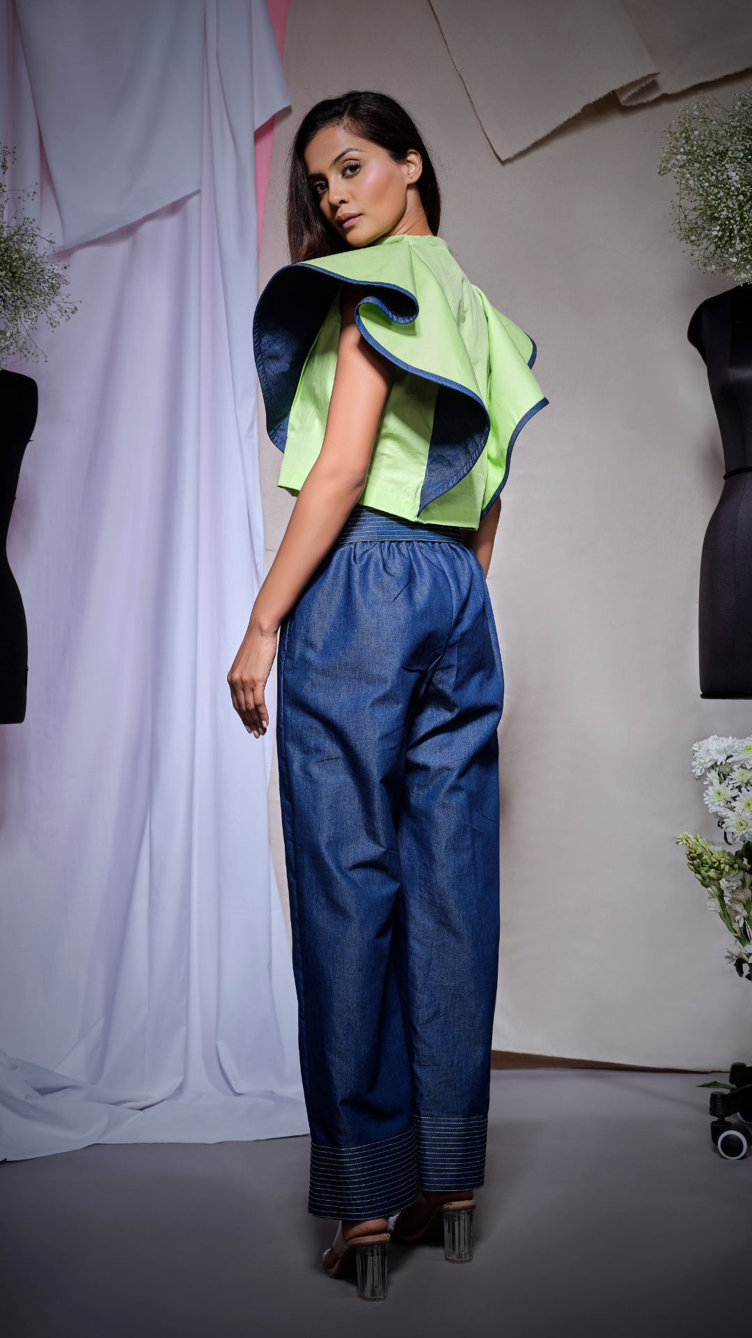 Lime green top with denim facing