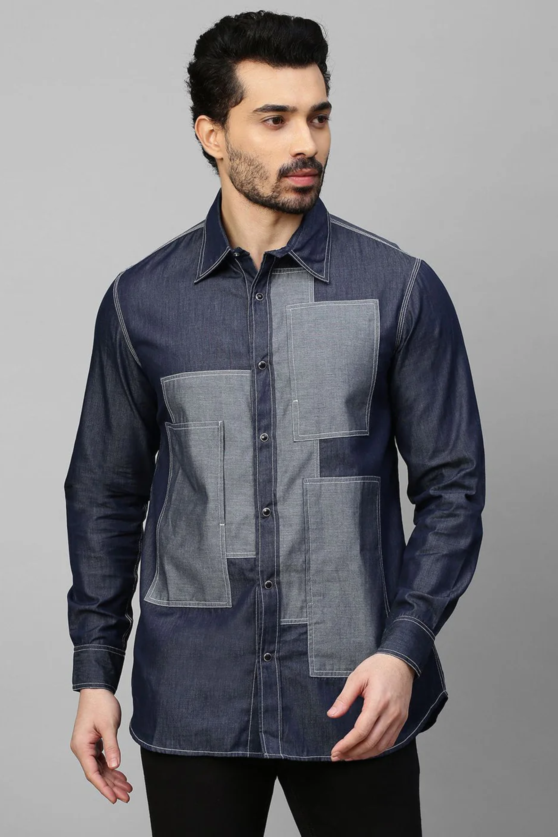 Blue Denim shirt with light denim patch work detailing.