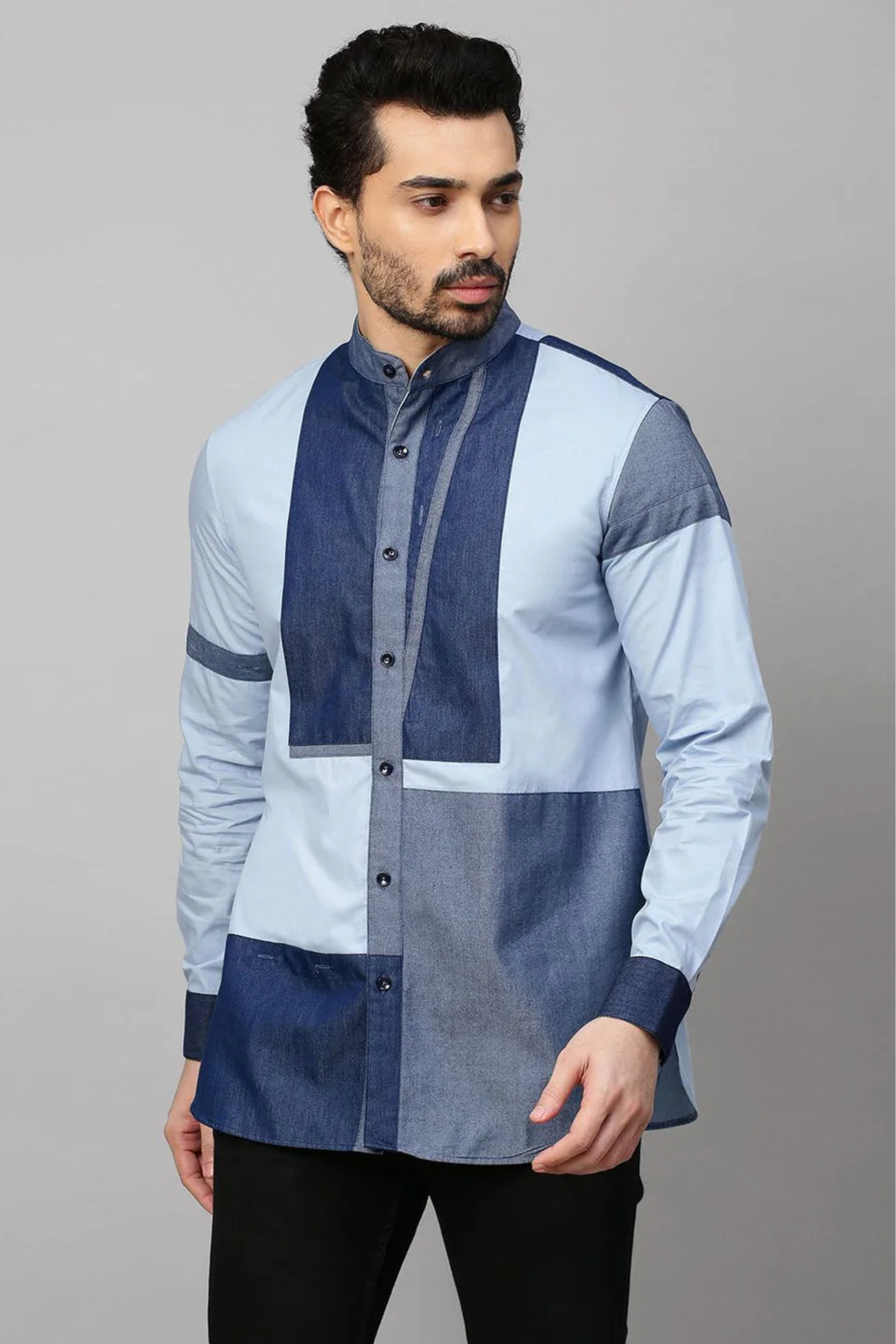 Sky Blue Shirt with denim patch work detailing .