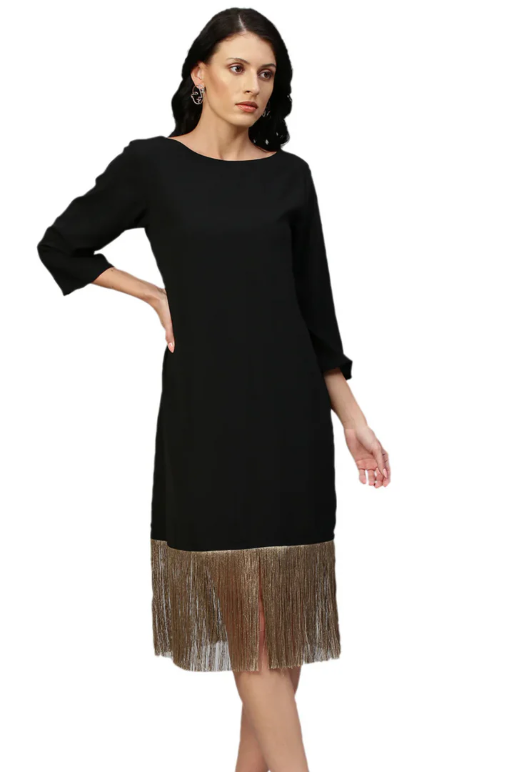 Black midi dress with tassel feature.