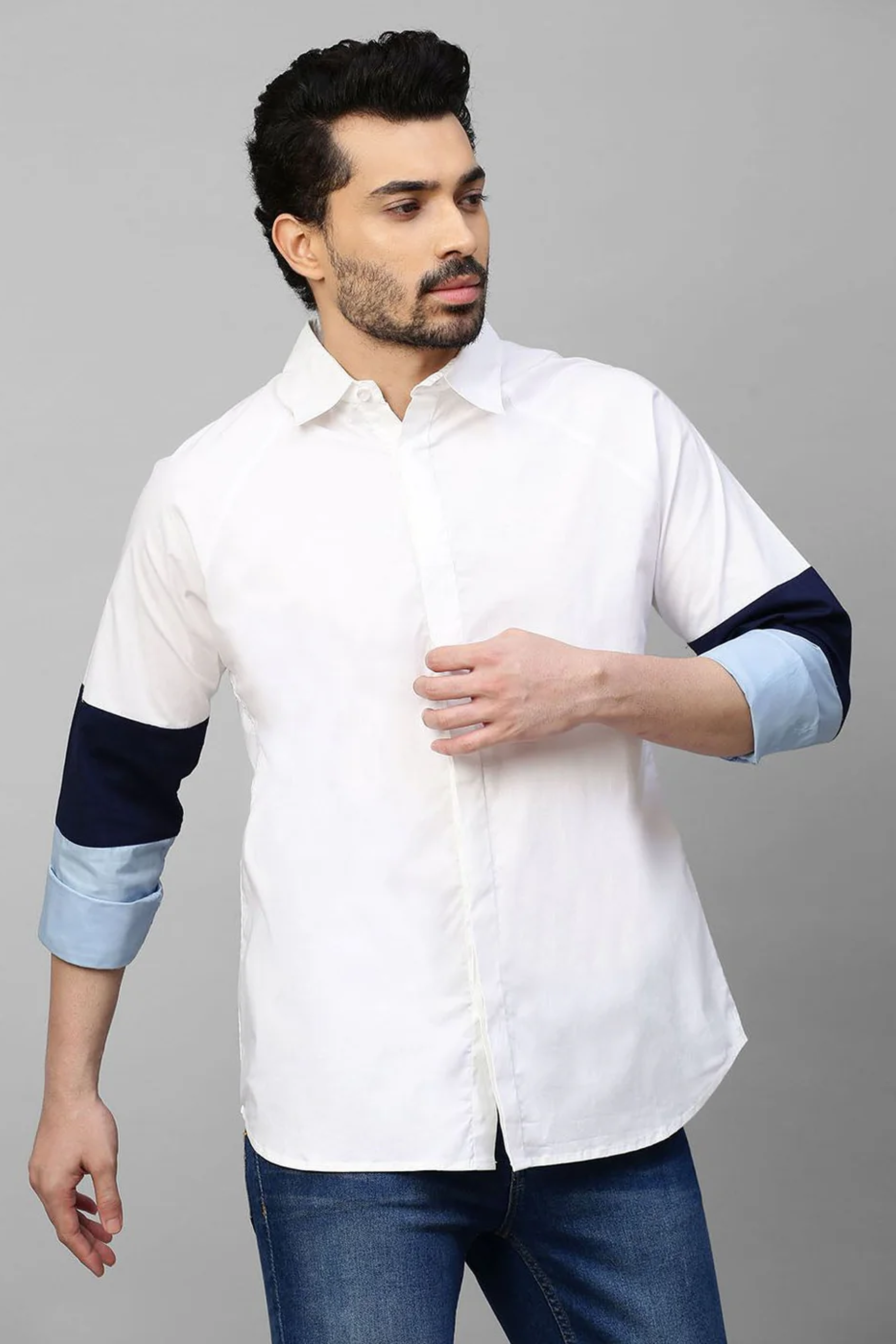 White shirt shades of blue band feature on sleeves.