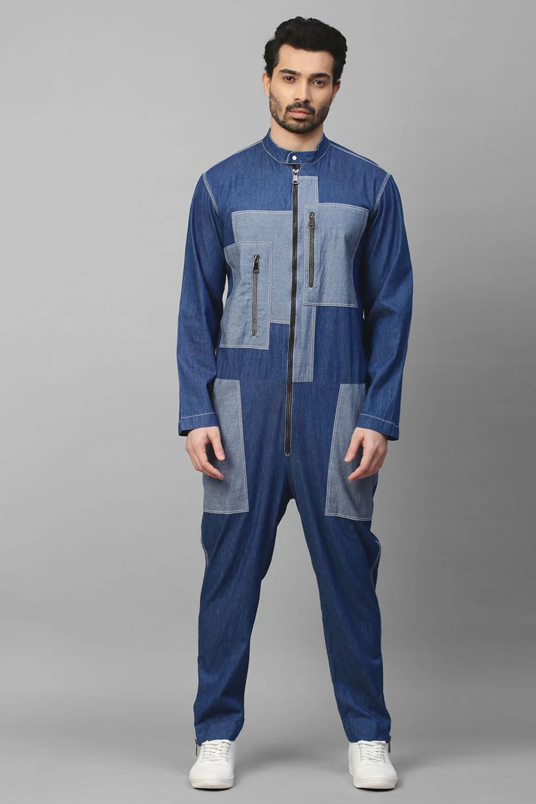 Two tone denim zippered jumpsuit / overall.