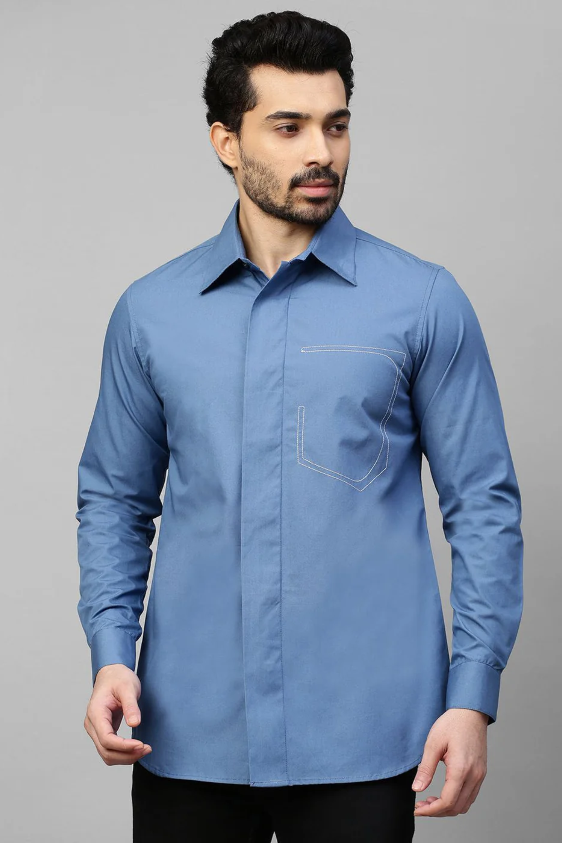 Slate blue classic shirt with white stitching pocket feature.