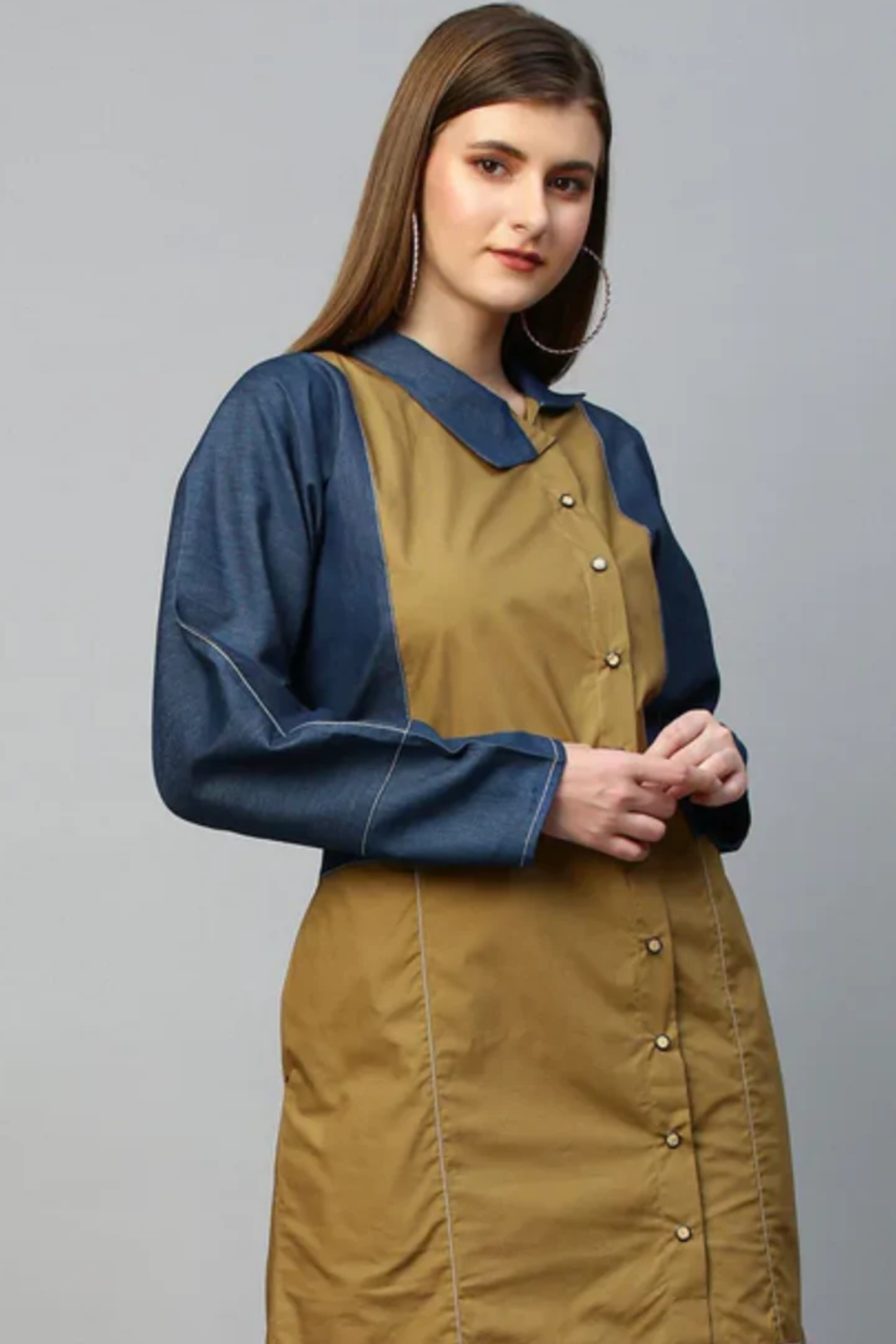 Blue and khaki short shirt dress features raglan sleeves and a chinese collar.