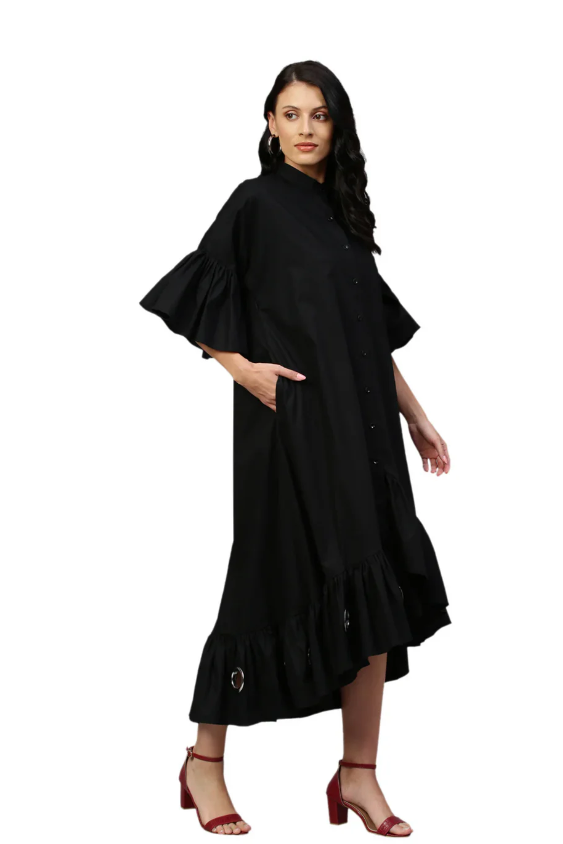 Black flare dress features bell sleeves, long & short hem and eyelet.
