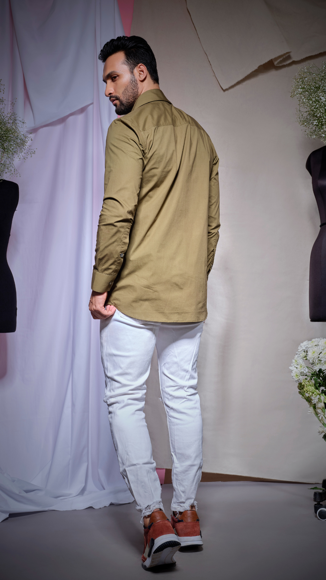 Dull olive long collar shirt with concealed placket