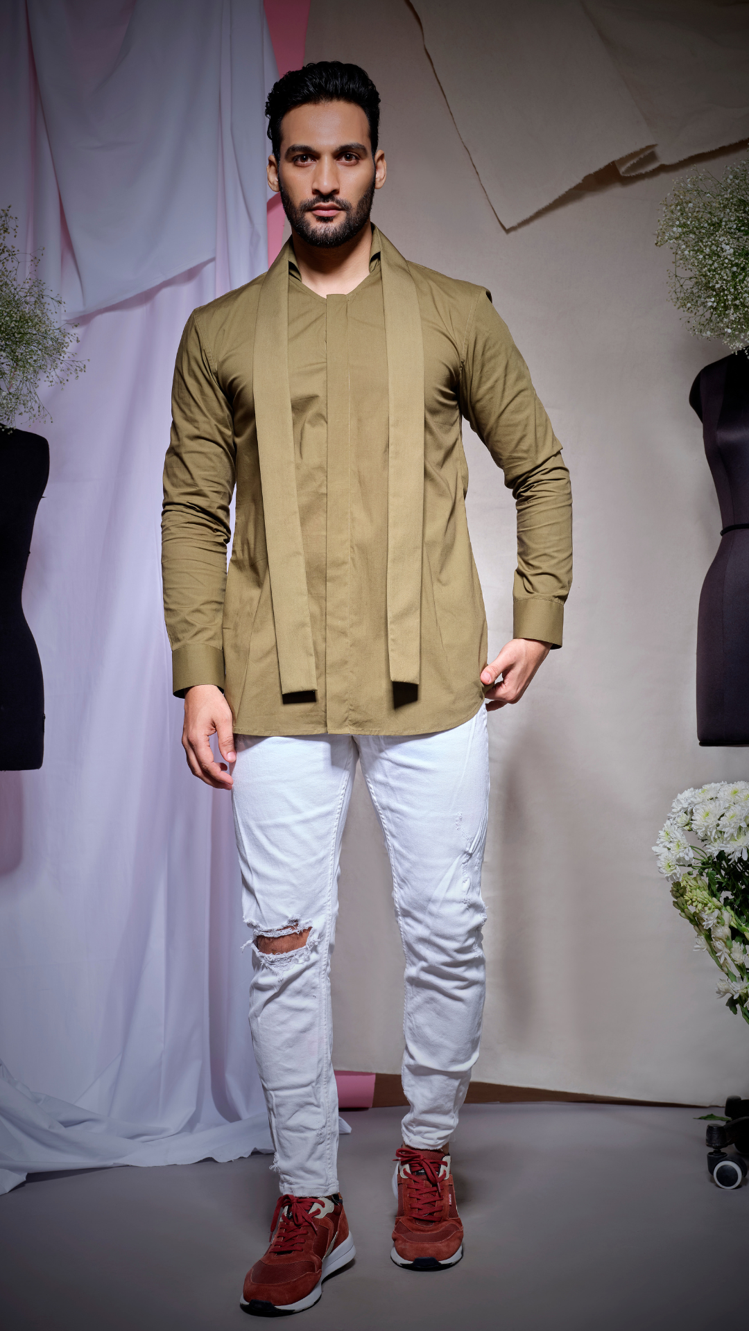 Dull olive long collar shirt with concealed placket