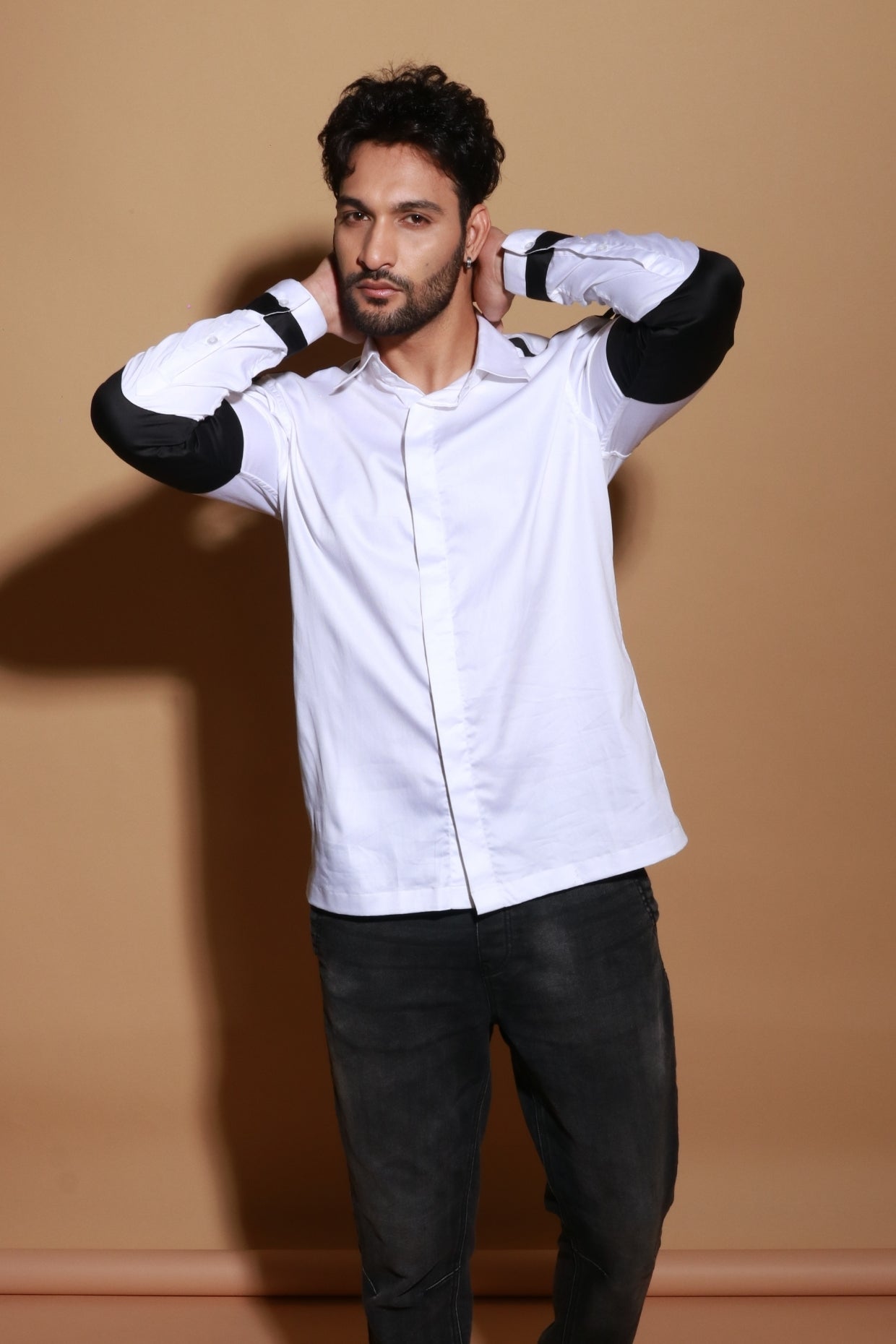 White classic shirt with contrast patch detailing.