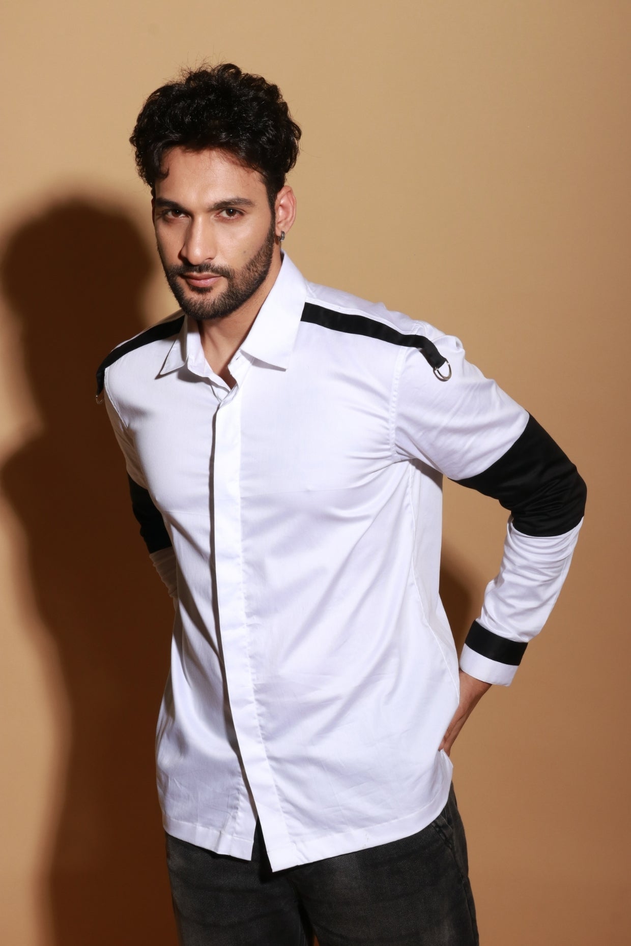 White classic shirt with contrast patch detailing.