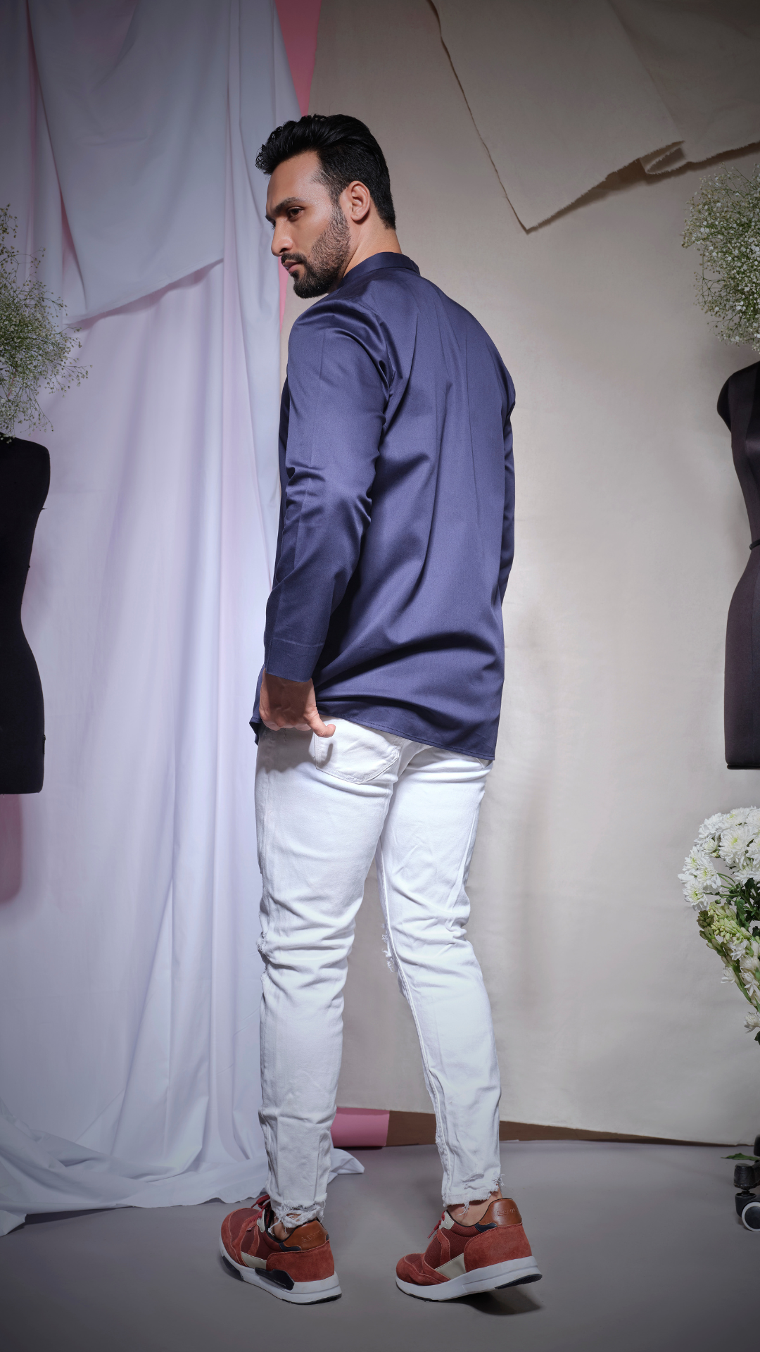 blue pl chinese collar shirt with bolero cut shoulder and middle flap