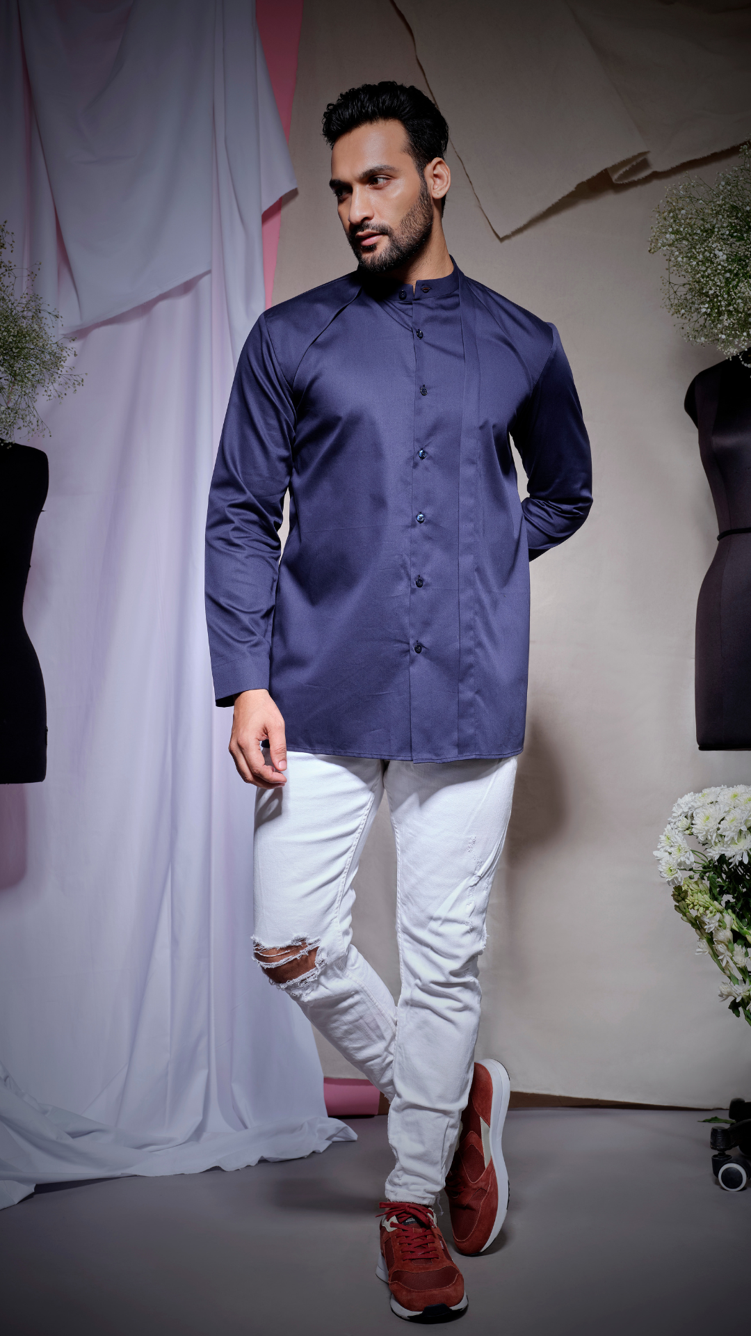 blue pl chinese collar shirt with bolero cut shoulder and middle flap