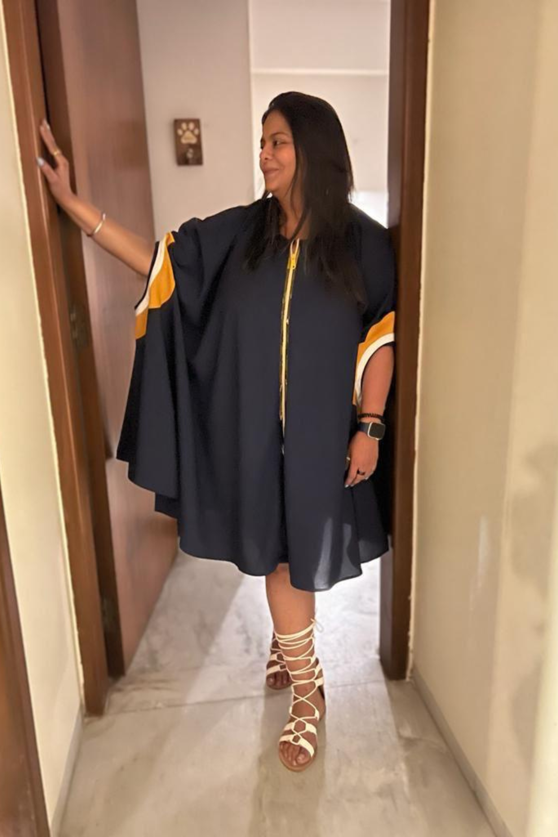 Blue Cotton Dress with Flower Cut Sleeve and Zipper