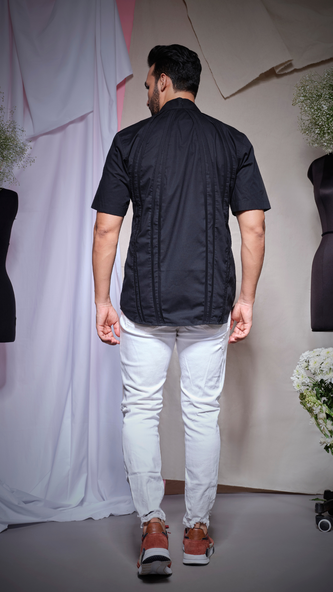 Black zara cotton shirts with short sleeves and pin tuck features at the front