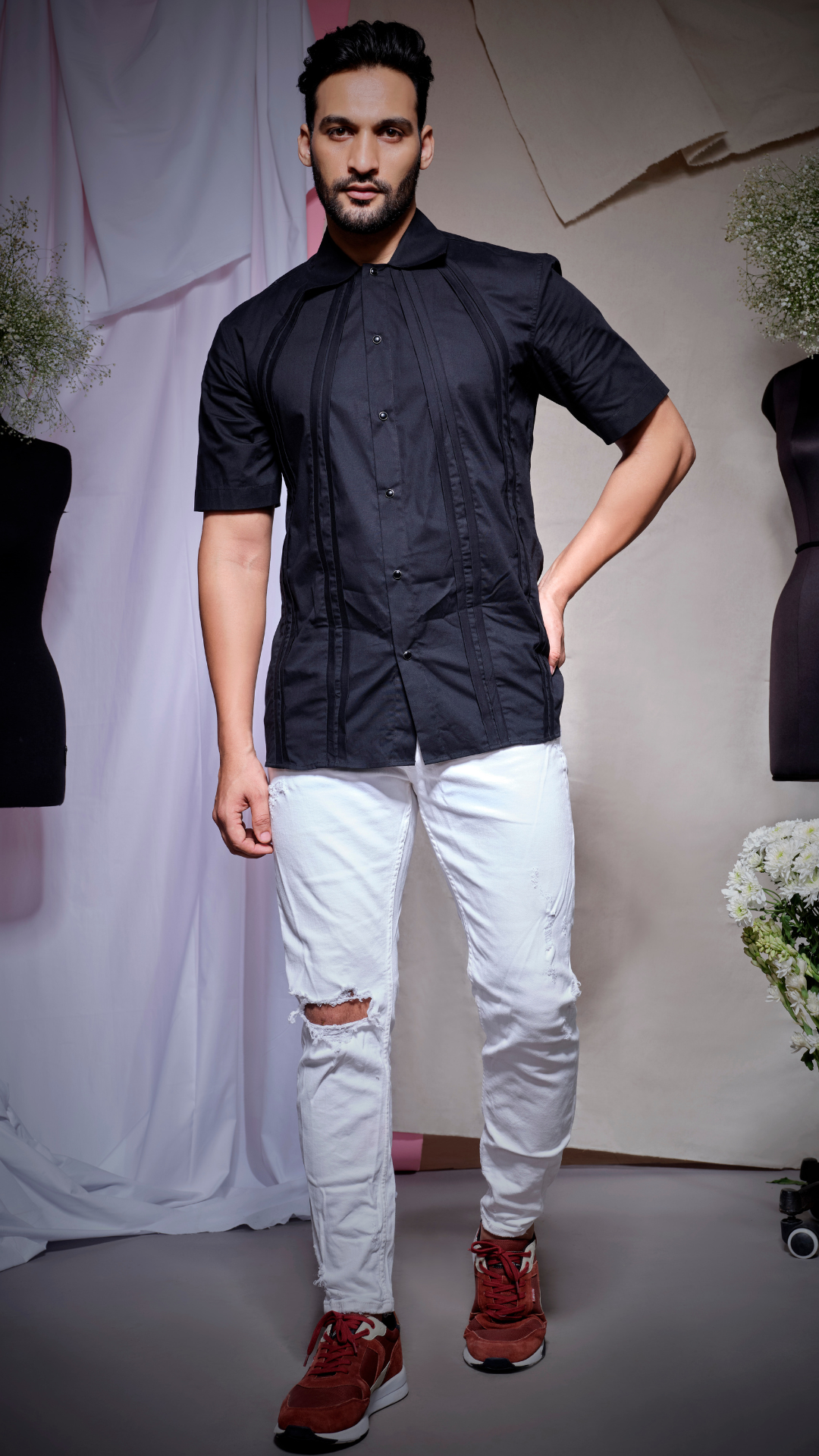 Black zara cotton shirts with short sleeves and pin tuck features at the front