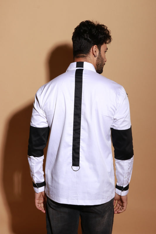 White classic shirt with contrast patch detailing.