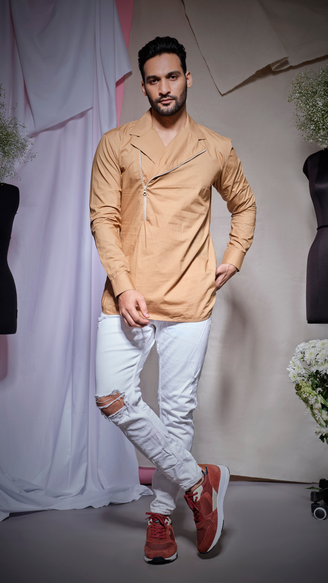 Khaki one side flap shirt with beige zip finishing