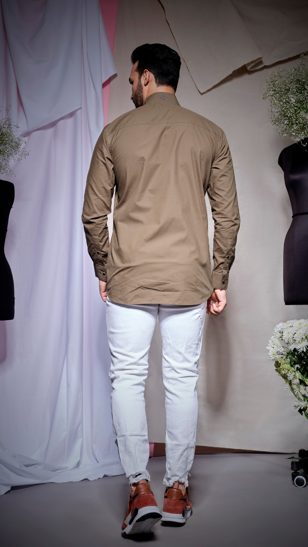 Green zara shirt with stand collar self toke panel and vertical flap pocket